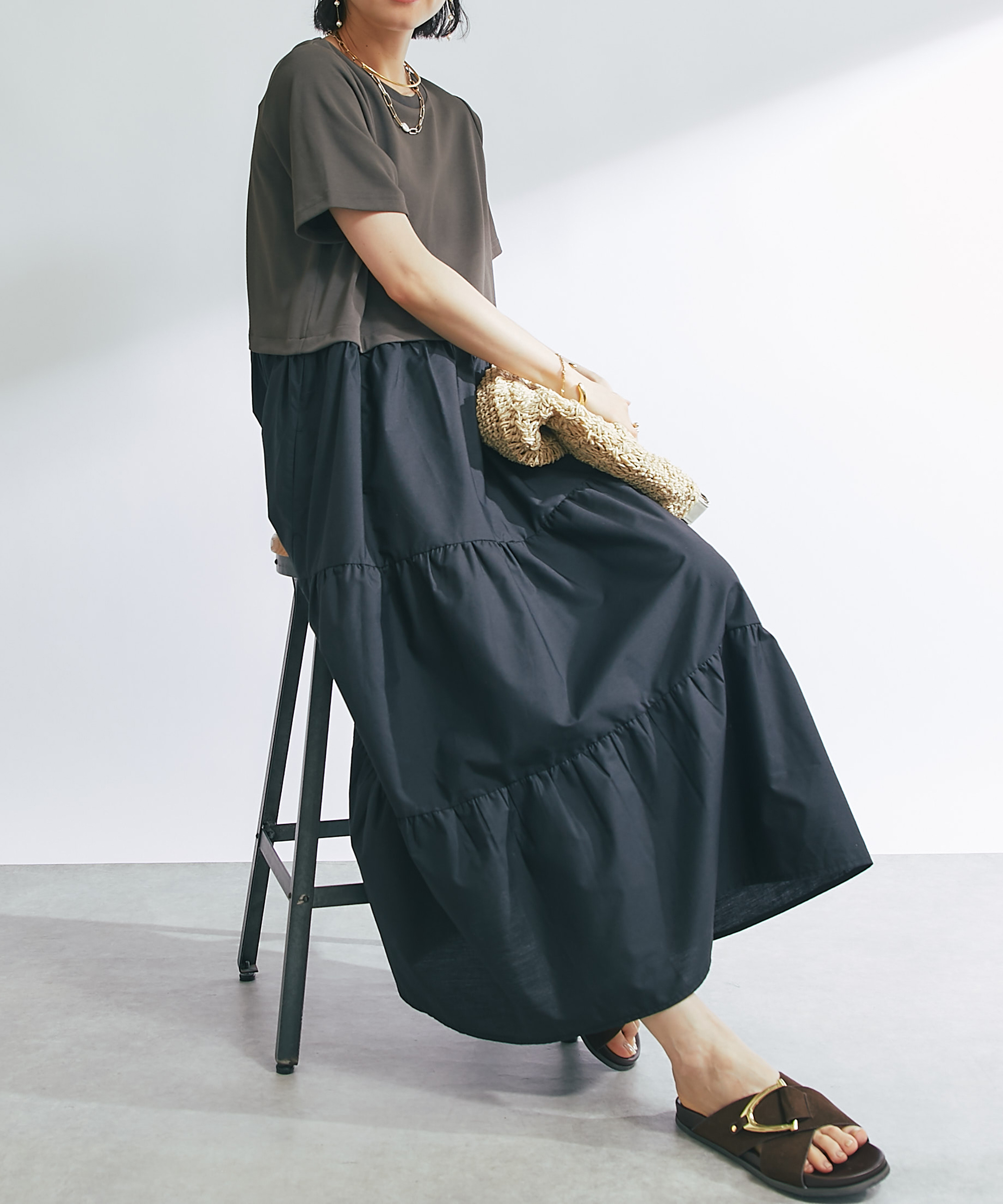 ⑤2wayパッチワークブラックデニム ティアードリメイクフロント釦